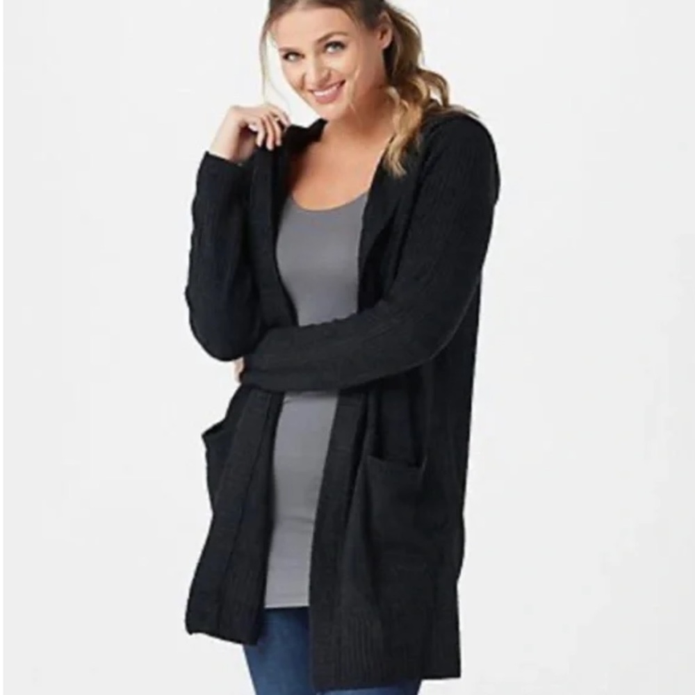 Barefoot Dreams CozyChic Lite Open Front Relaxed Hooded Cardigan - Black, Size S